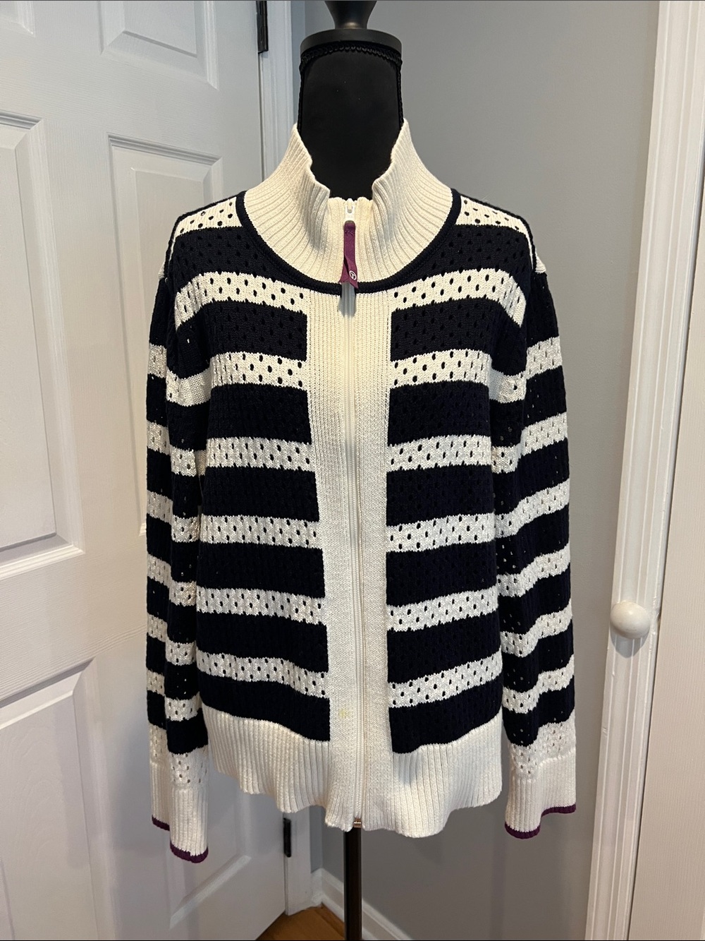 Talbots Navy and White Striped Zip-Front Knit Cardigan with Purple accents